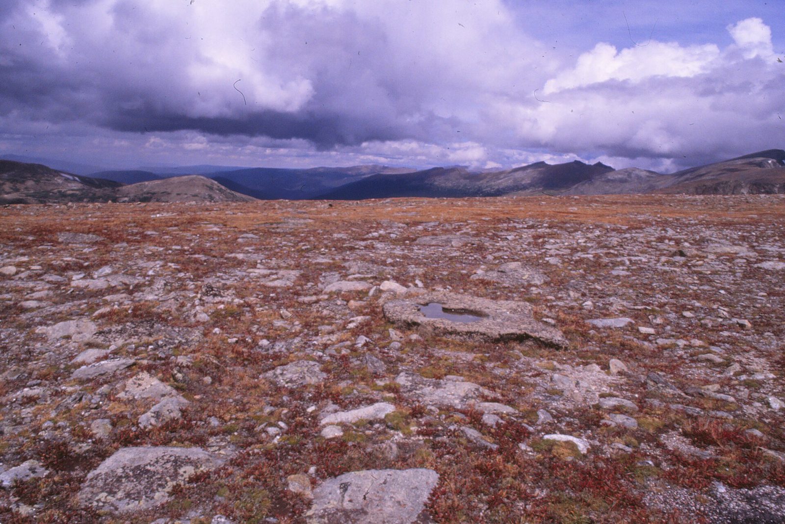 Rust-red alpine tundra scattered with gray rocks stretching to distant mountain ridges above the tree line along Trail Ridge Road, under heavy gray and white storm clouds